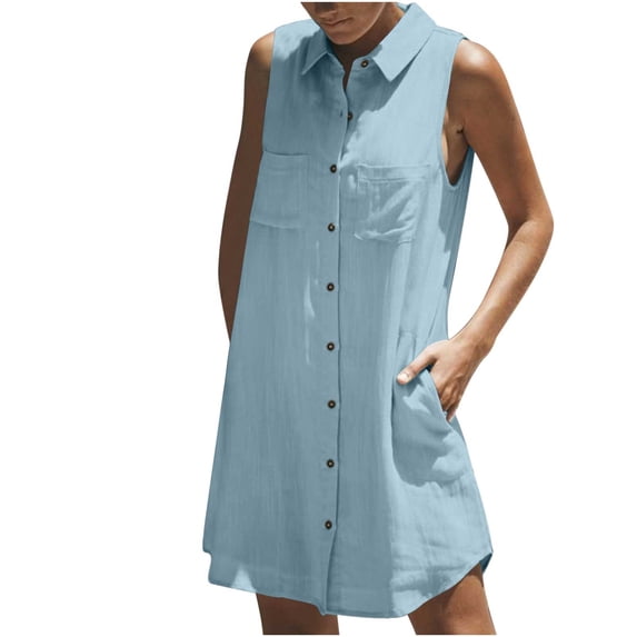 Einccm Women's Summer Casual V Neck Sleeveless Button Front Linen-Look Tunic Tank Dress with Pockets, Lightweight Flowy A-Line Style for Beach Vacation Work Daily Wear