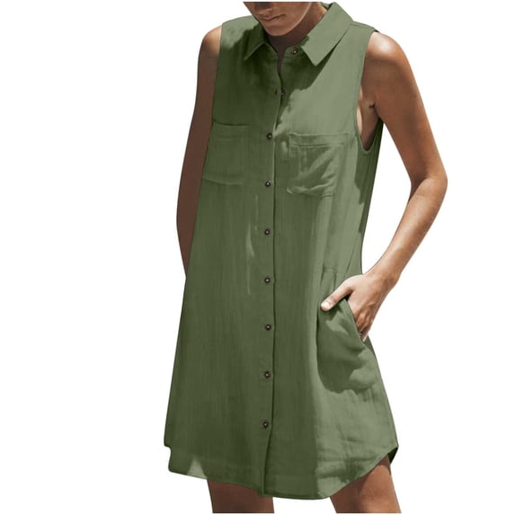 Einccm Women's Summer Casual V Neck Sleeveless Button Front Linen-Look Tunic Tank Dress with Pockets, Lightweight Flowy A-Line Style for Beach Vacation Work Daily Wear