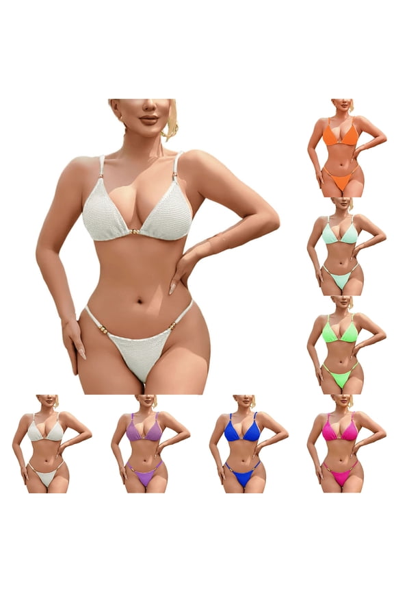 Women's Three-Piece Bikini Set Halter Top with Lift Bra, Off-Shoulder Backless Design, Metal Ornament Detail, Perfect for Beach or Pool Vacation