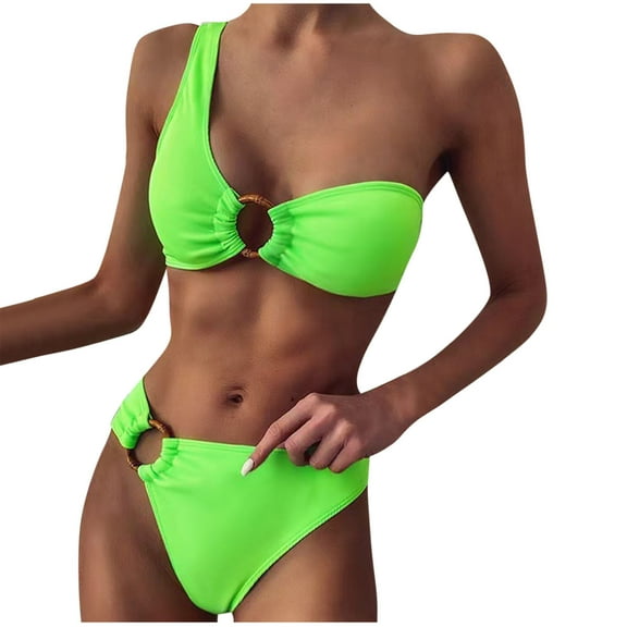 Einccm Women's Two Piece Swimsuit Backless One-Shoulder Design with Removable Padding, Tummy-Flattering High-Cut Silhouette for Beach & Pool Activities