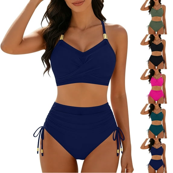 Einccm Women's Two Piece Swimsuit High Waisted Tie Front Bikini Retro Style with Adjustable Straps for Beach Pool Party