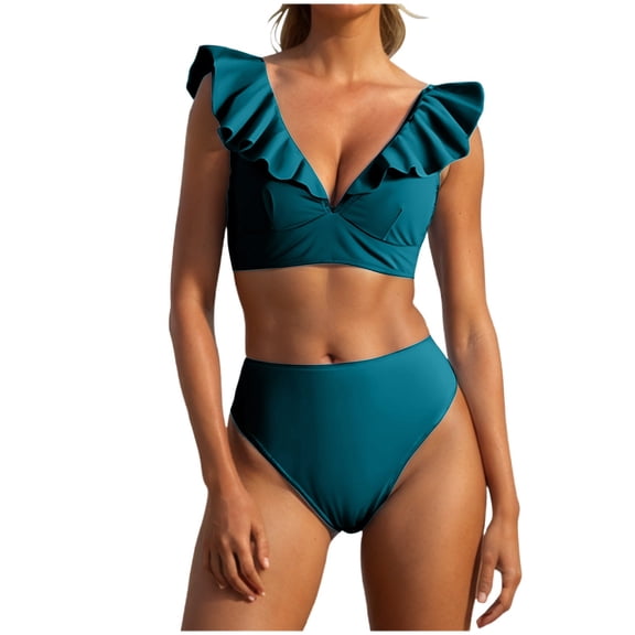 Einccm Women's Two Piece Swimsuit with High Waisted Bottoms, V Neck Ruffle Sleeve Top, Gathered Front, Slimming Fit for Beach and Poolside Fun