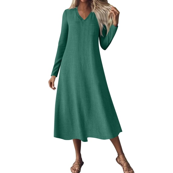 Einccm Women's V Neck Long Sleeve Casual Summer Dress with Pockets Flowy A-Line Maxi Dress for Daily Wear, Vacation, Party, and Work