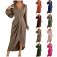 thumbnail image 1 of Einccm Women's V Neck Satin Party Dress Long Sleeve Ruched Solid Color Elegant Cocktail Midi Dress for Party Date Night Wedding Guest All Seasons Evening Events, 1 of 9