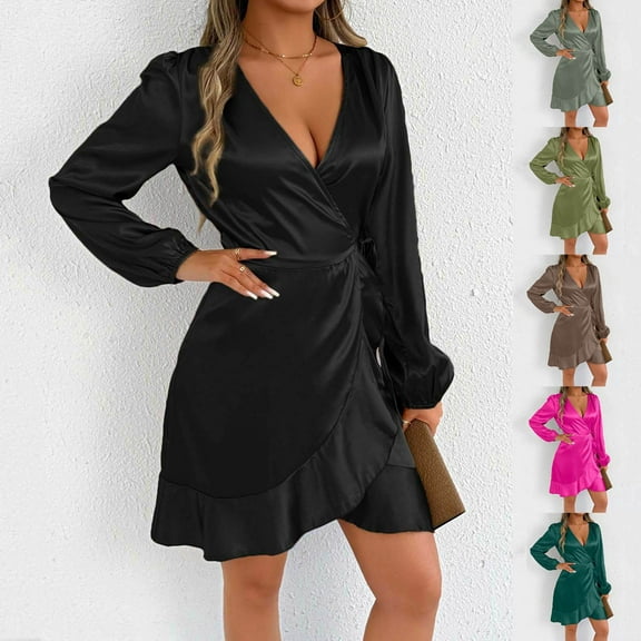 Einccm Women's V Neck Wrap Dress with Long Sleeves, Ruched Tie Waist and Ruffle Hem, Elegant Solid Color Satin-Like Summer Cocktail Outfit for Parties, Date Nights and Semi-Formal Events