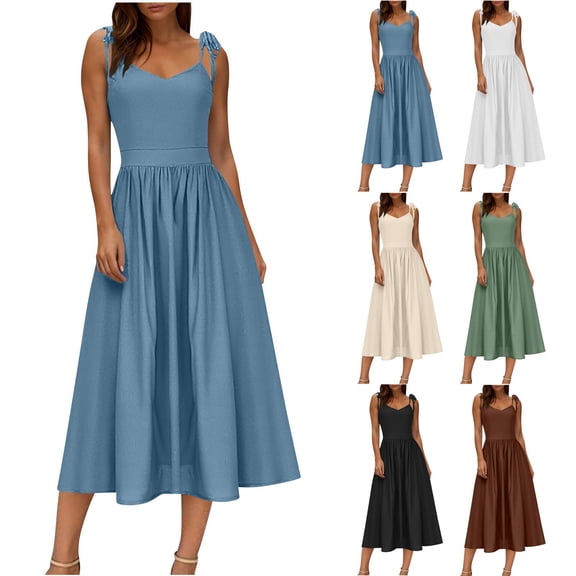 Einccm Women's Vacation Dress, Casual Short Sleeve Crewneck or Backless Tie Strap V Neck Style, Flowy a Line Silhouette, Lightweight Polyester for Beach Holiday
