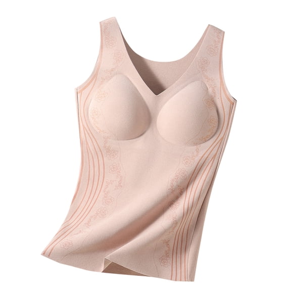 Einccm Womens Built-in Bra Thermal Tank Top Heated Warm Camisole Round Neck Fitted Undershirt with Chest Padding Soft Breathable Winter Base Layer for Casual Daily Wear