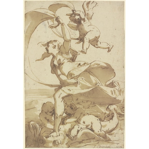 Eine Frau segelt auf einem Meerwesen mit Amoretten übers Wasser (ca 1575-1580) Poster Print by Luca Cambiaso (18 x 24)