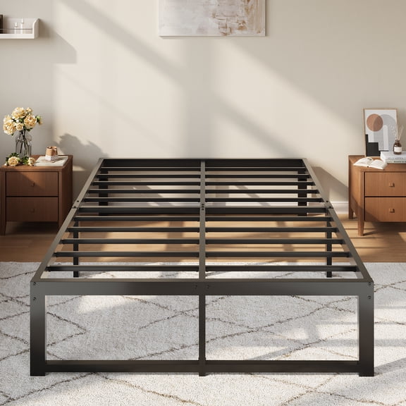 Einfach 14" Full Bed Frame, Heavy Duty Metal Slat Platform with Ample Underbed Storage, Noise Free, Black