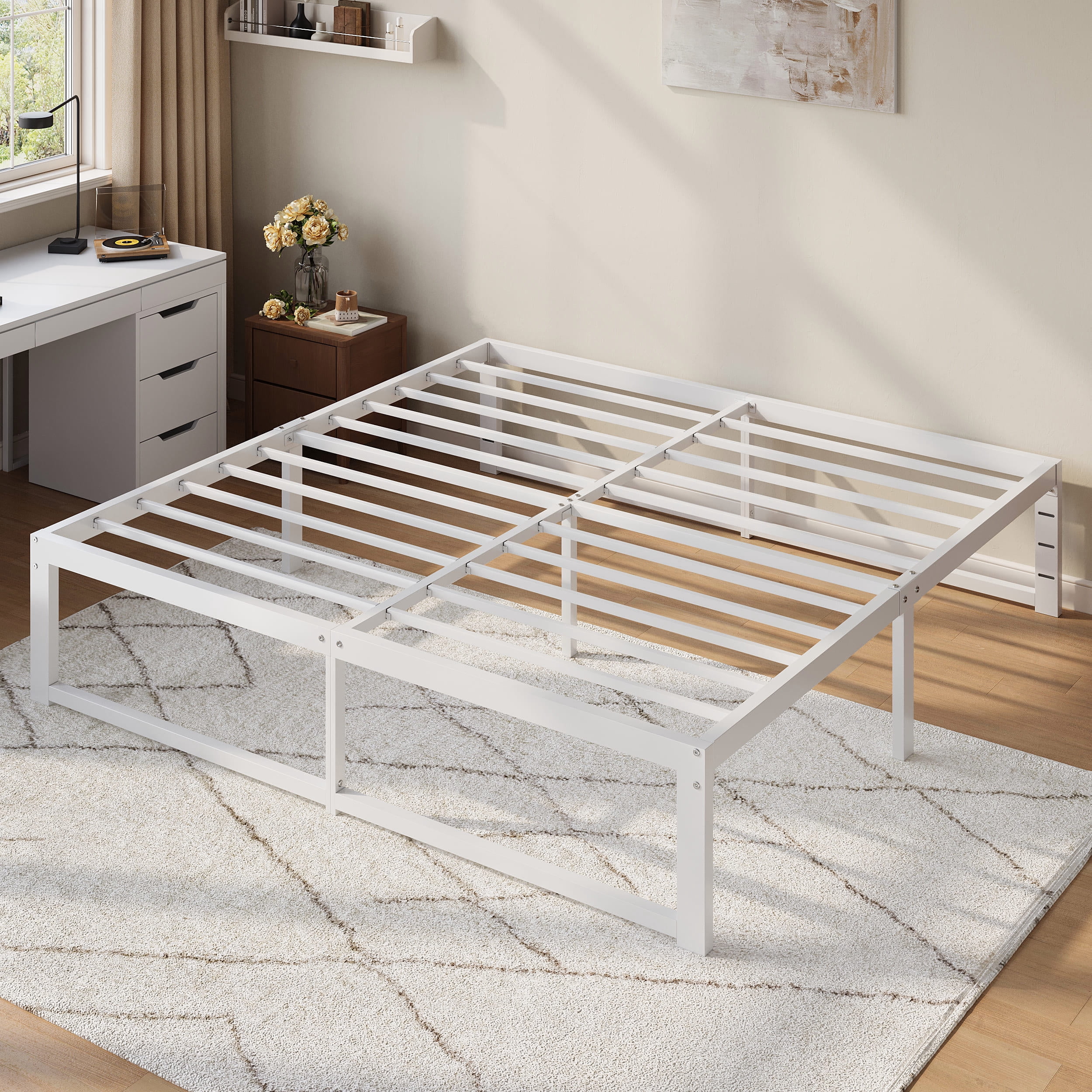 Einfach 14" King Bed Frame, Heavy Duty Metal Slat Platform with Ample Underbed Storage, Noise Free, White