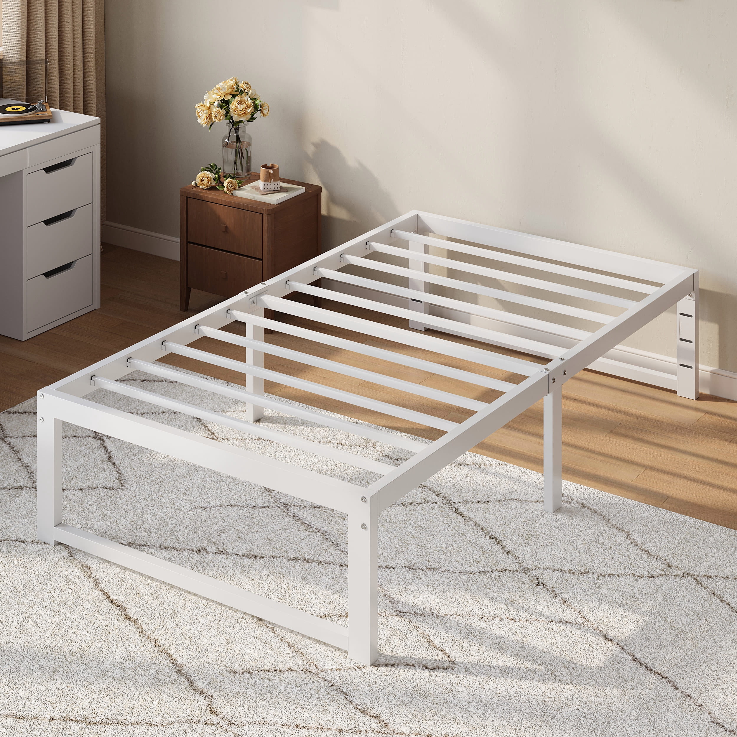Einfach 14" Twin Bed Frame, Heavy Duty Metal Slat Platform with Ample Underbed Storage, Noise Free, White