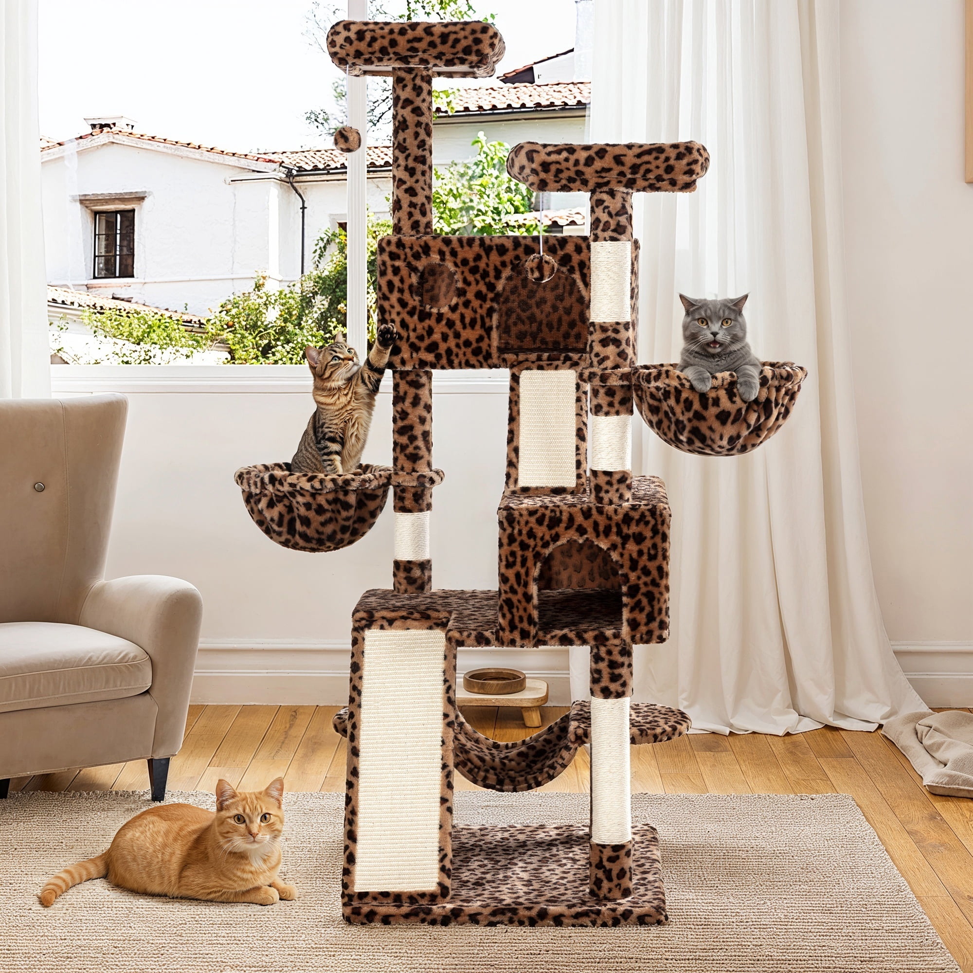 Einfach 65.7" Large Cat Tree and Tower for Cats, Condo House with Hammock, 2 Scratching Boards & 5 Scratching Posts, Leopard Print
