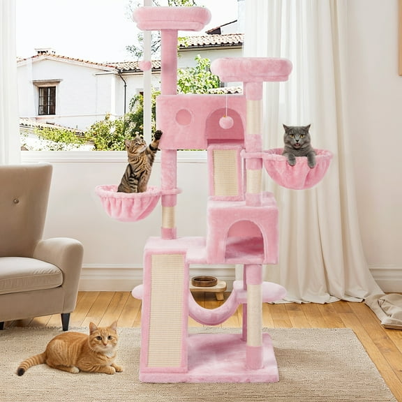 Einfach 65.7" Large Cat Tree and Tower for Cats, Condo House with Hammock, 2 Scratching Boards & 5 Scratching Posts, Pink
