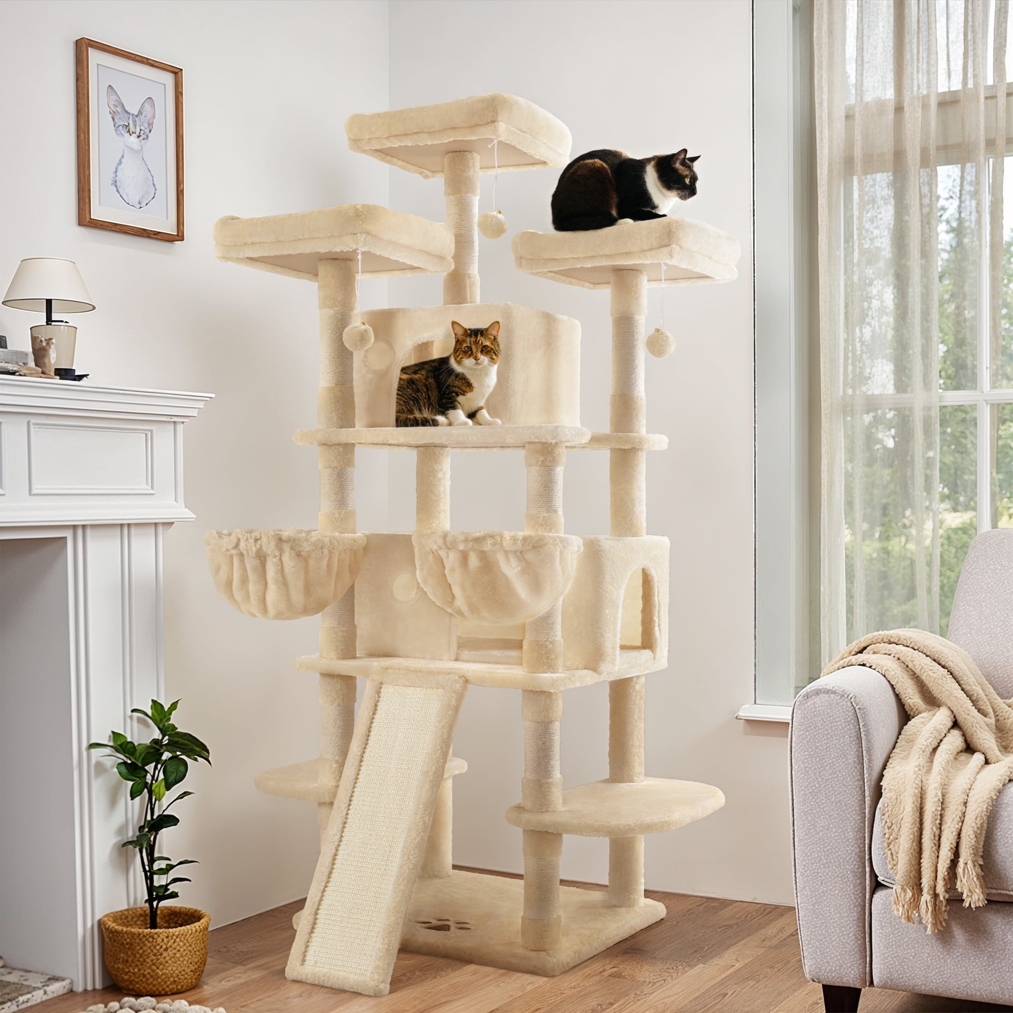 Einfach 68" X-Large Cat Tree and Tower with Condo Houses, Scratching Board & Posts for Indoor Cat, Beige