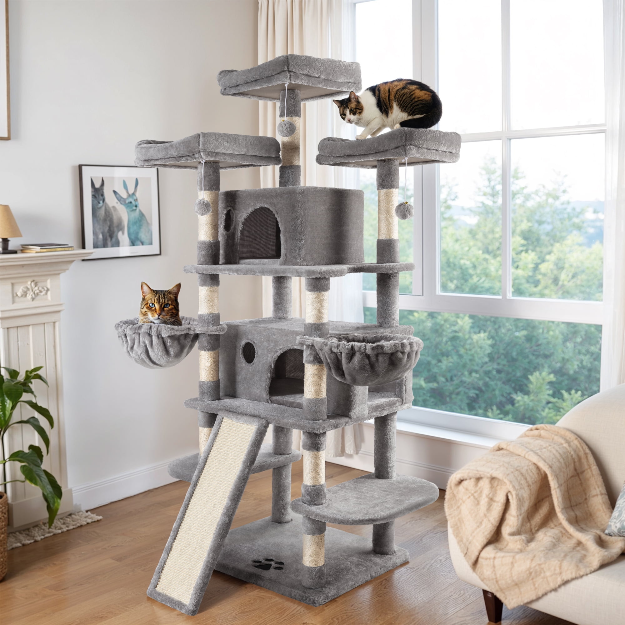 Einfach 68" X-Large Cat Tree and Tower with Condo Houses, Scratching Board & Posts for Indoor Cat, Gray