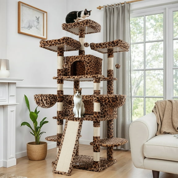 Einfach 68" X-Large Cat Tree and Tower with Condo Houses, Scratching Board & Posts for Indoor Cat, Leopard Print