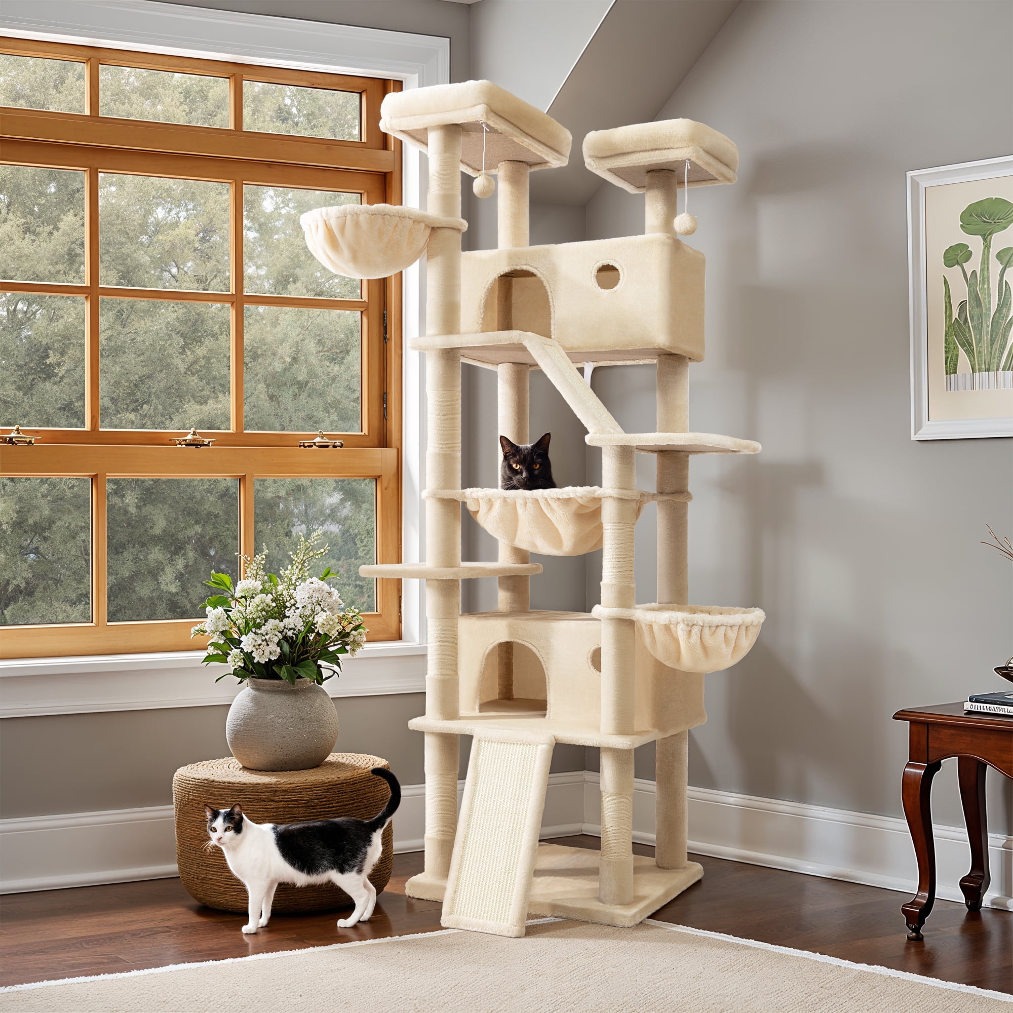 Einfach 81" Multi-Level Tall Cat Tree Tower, Larger Cat Condo with Hammock, Cozy Pussycat Perches, Sisal Scratching Posts, Beige