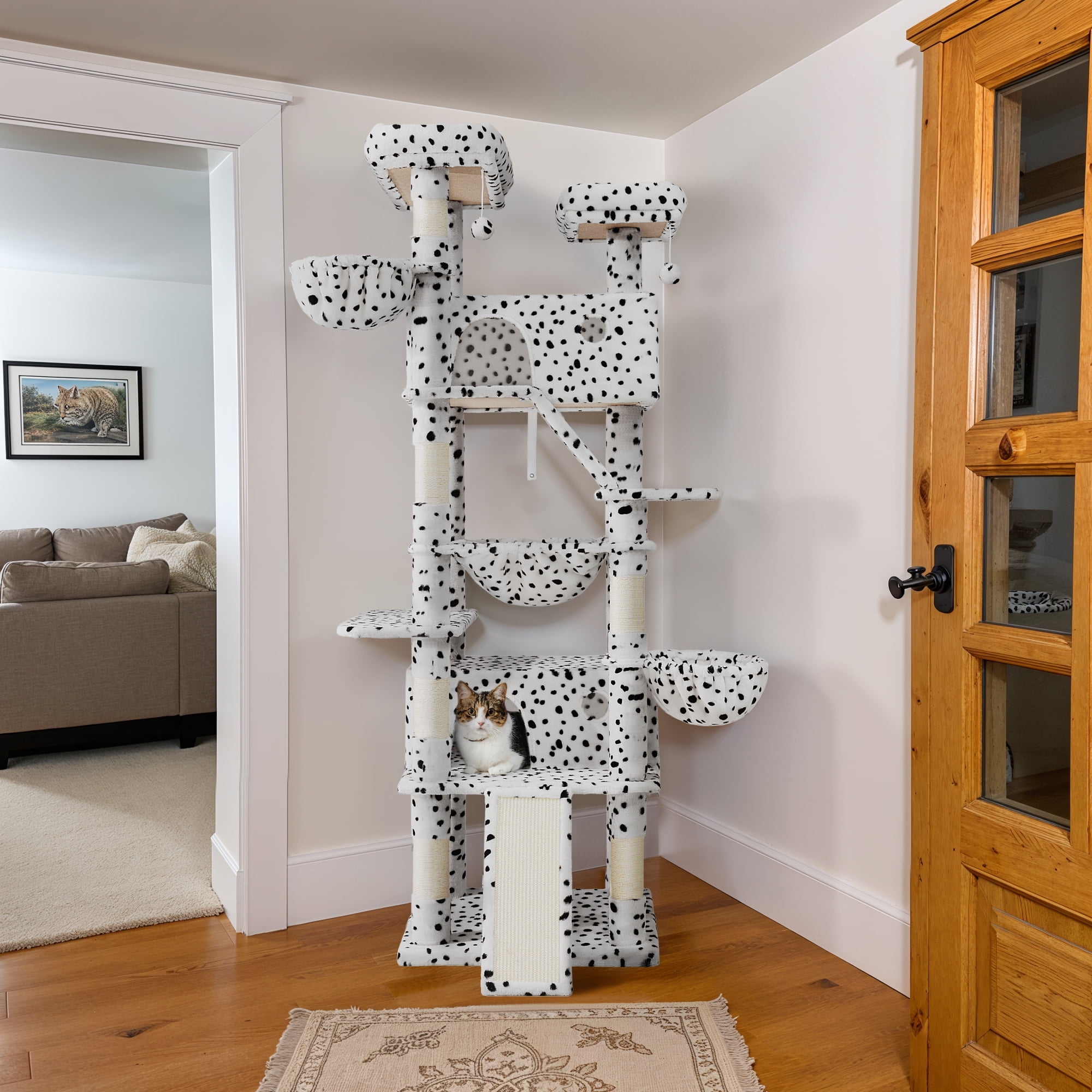 Einfach 81" Multi-Level Tall Cat Tree Tower, Larger Cat Condo with Hammock, Cozy Pussycat Perches, Sisal Scratching Posts, Black & White Spotted