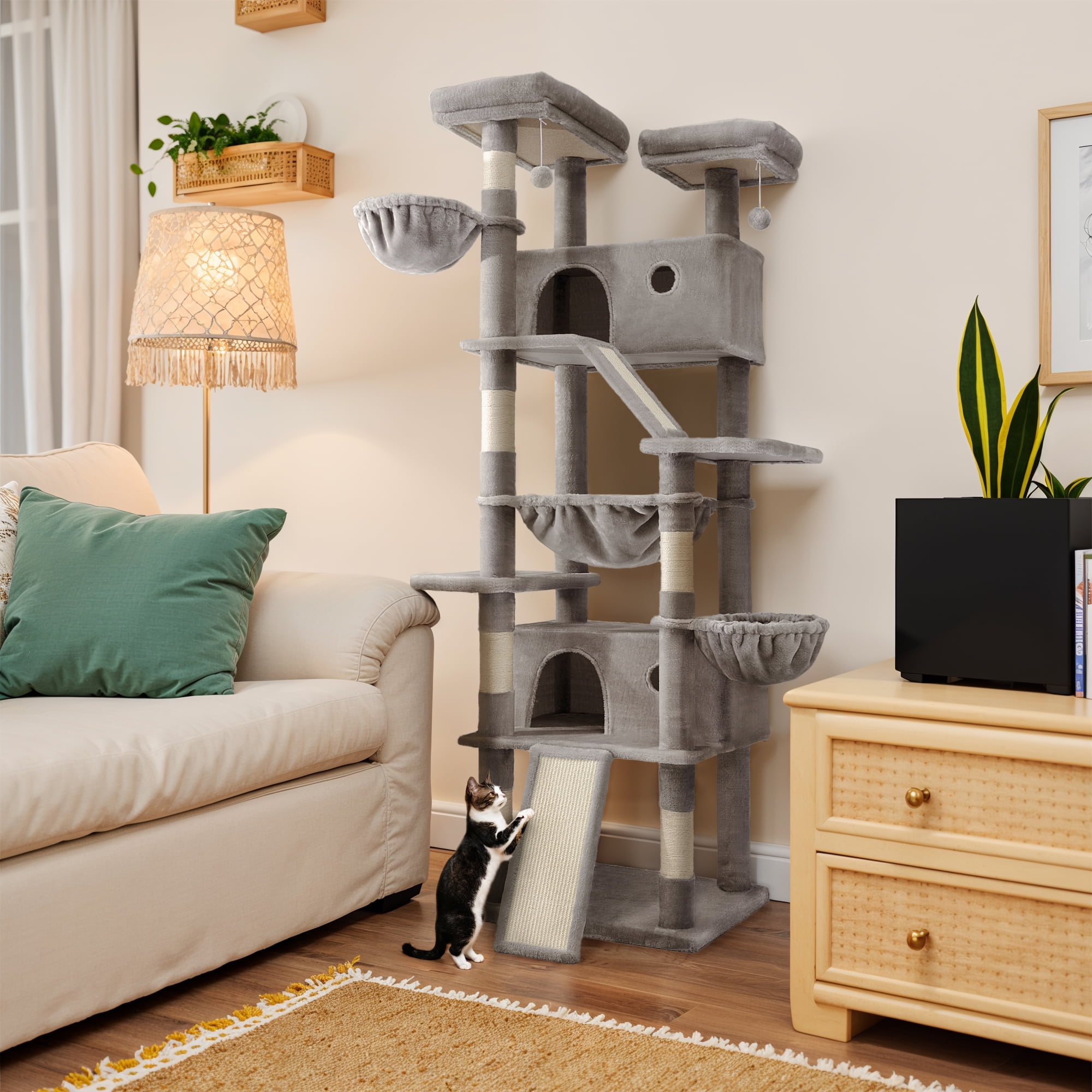 Einfach 81" Multi-Level Tall Cat Tree Tower, Larger Cat Condo with Hammock, Cozy Pussycat Perches, Sisal Scratching Posts, Grey