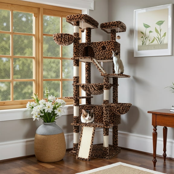 Einfach 81" Multi-Level Tall Cat Tree Tower, Larger Cat Condo with Hammock, Cozy Pussycat Perches, Sisal Scratching Posts, Leopard