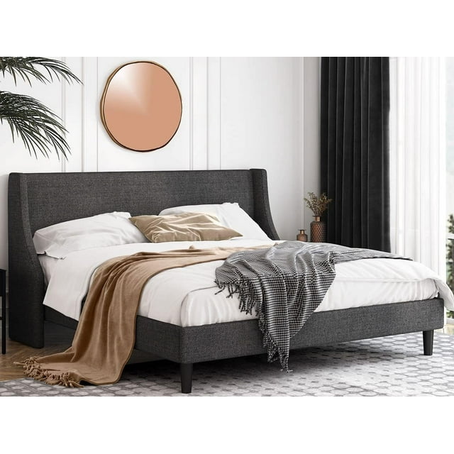 Einfach Bed Frame Queen Size with Modern Wingback Headboard Upholstered
