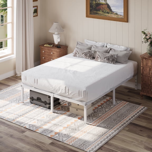Einfach Full Bed Frame, 12'' Metal Platform Bed with Ample Under-Bed Storage Space, Heavy Duty, No Box Spring Needed, White