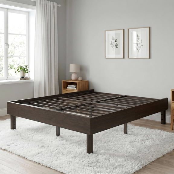 Einfach Full Bed Frame, 13.8" Wooden Platform Bed with Recessed Design and Upgraded Structure, No Box Spring Needed, Coffee Brown