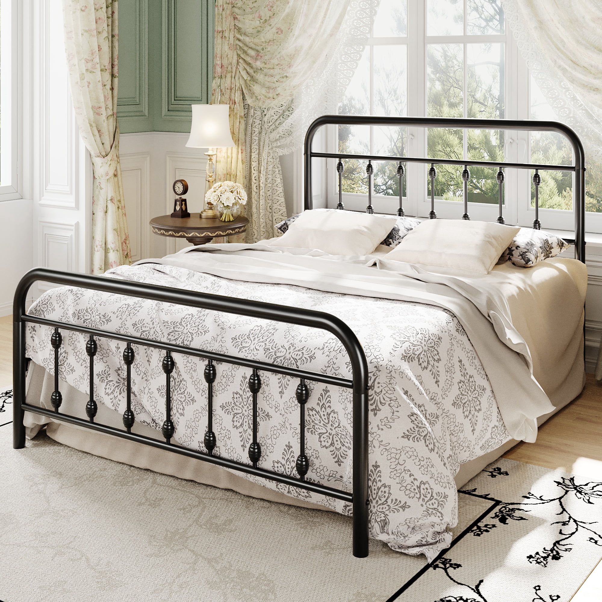 Einfach Full Bed Frame, Metal Platform Bed with Vintage Headboard, No Box Spring Needed, Heavy Duty, Black