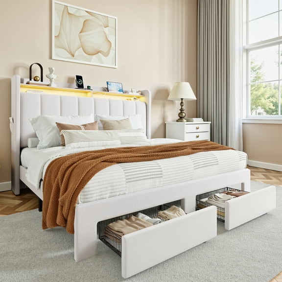 Einfach Full Bed Frame, Storage Bed with Built-In Charging Station, Velvet Upholstered Wingback Headboard, White