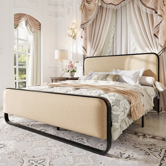 Einfach Full Bed Frame, Upholstered Platform Bed with Curved Headboard and Footboard, No Box Spring Needed, Beige