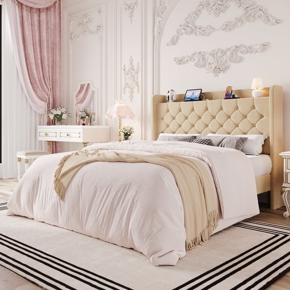 Einfach Full Bed Frame, Upholstered Platform Bed with Storage Wingback Headboard and Fast Charging Hub, No Box Spring Required, Beige