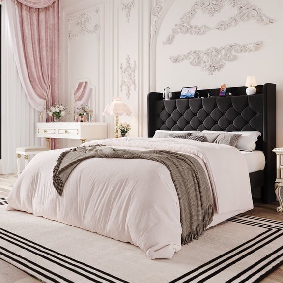 Einfach Full Bed Frame, Upholstered Platform Bed with Storage Wingback Headboard and Fast Charging Hub, No Box Spring Required, Black