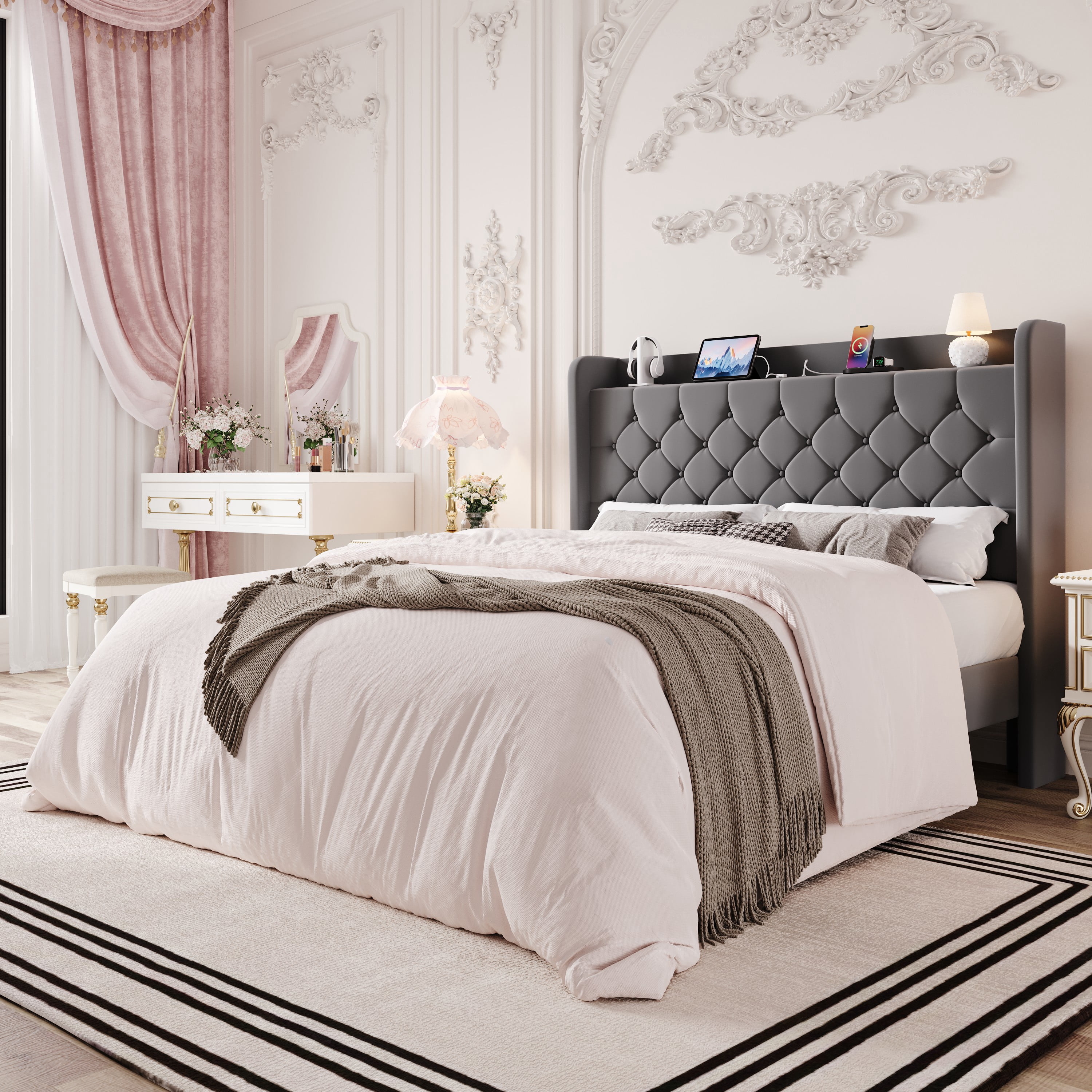 Einfach Full Bed Frame, Upholstered Platform Bed with Storage Wingback Headboard and Fast Charging Hub, No Box Spring Required, Gray