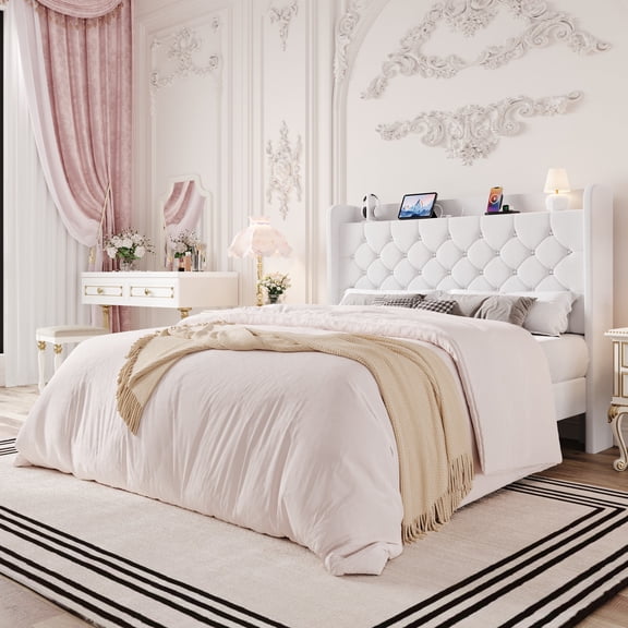 Einfach Full Bed Frame, Upholstered Platform Bed with Storage Wingback Headboard and Fast Charging Hub, No Box Spring Required, White