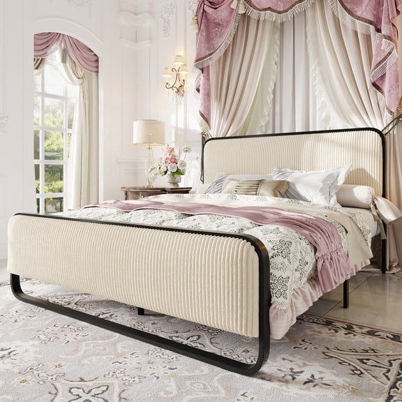 Einfach Full Bed Frame, Upholstered Platform Bed with Velvet Curved Headboard and Footboard, No Box Spring Needed, Cream White