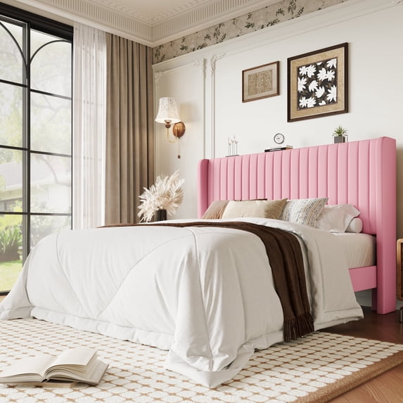 Einfach Full Bed Frame, Upholstered Platform Bed with Wingback Headboard, No Box Spring Required, Pink