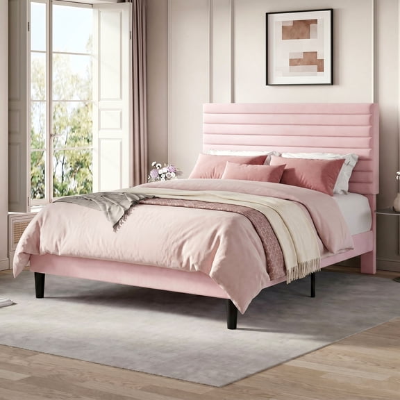 Einfach Full Bed Frame, Velvet Upholstered Platform Bed with Adjustable Headboard, Horizontal Channel Design, Wood Slat Support, No Box Spring Needed, Noise Free, Easy Assembly, Pink