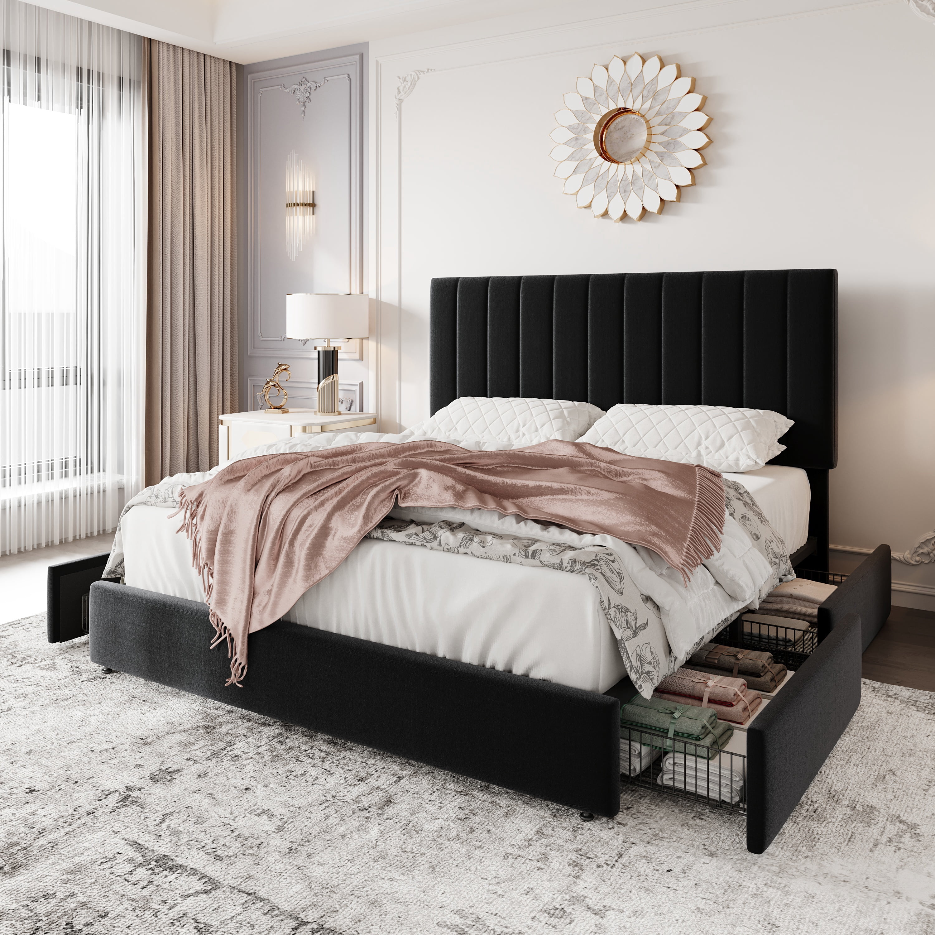 Einfach Full Bed Frame with Adjustable Upholstered Velvet Headboard and 4 Storage Drawers, No Box Spring Required, Black