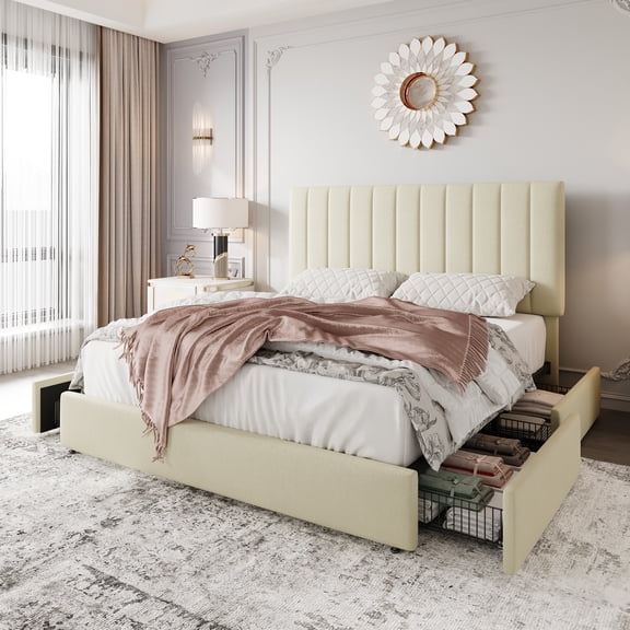 Einfach Full Bed Frame with Adjustable Upholstered Velvet Headboard and 4 Storage Drawers, No Box Spring Required, Cream White