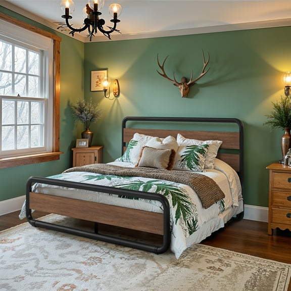 Einfach Full Bed Frame with Headboard and Footboard, No Box Spring Required, Black