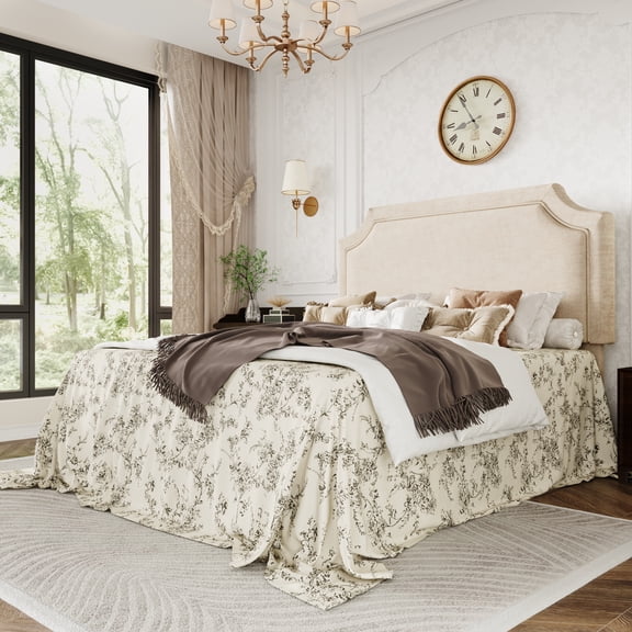 Einfach Full Bed Frame with Streamlined Adjustable Headboard, No Box Spring Required, Beige