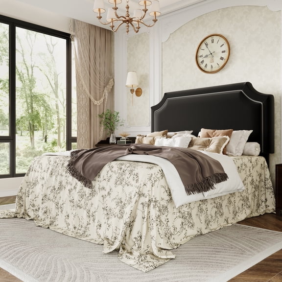 Einfach Full Bed Frame with Streamlined Adjustable Headboard, No Box Spring Required, Black