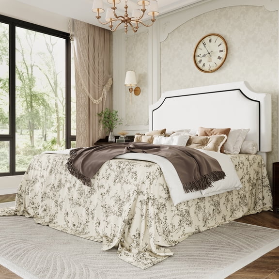 Einfach Full Bed Frame with Streamlined Adjustable Headboard, No Box Spring Required, White