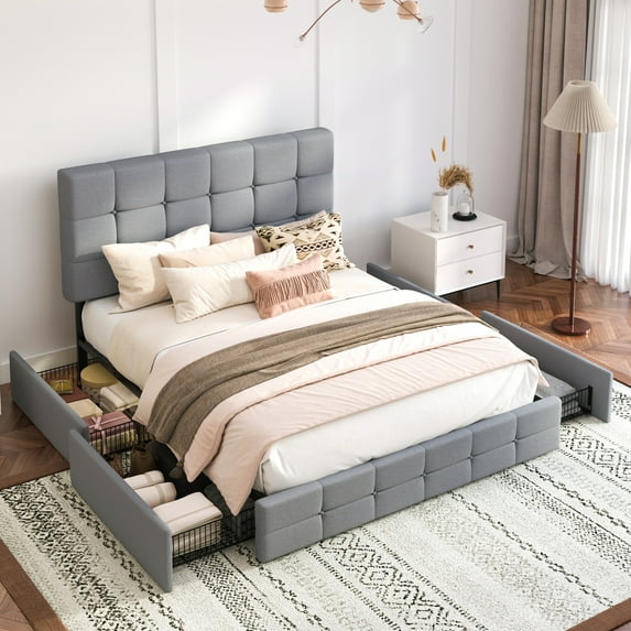 Einfach Full Fabirc Platform Bed with 4 Big Storage Drawers, Square Button Tufted Adjustable Headboard, Light Grey