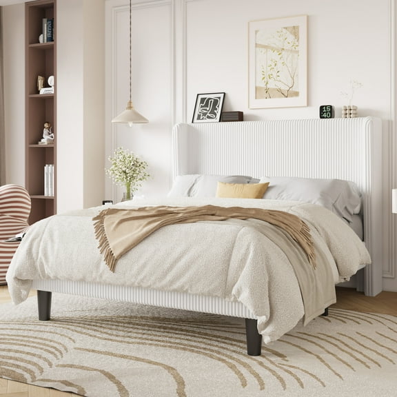 Einfach Full Luxury Channel-Tufted Corduroy Velvet Platform Bed Frame with Wingback Headboard, Off-White