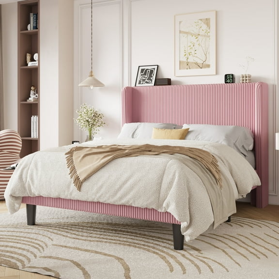Einfach Full Luxury Channel-Tufted Corduroy Velvet Platform Bed Frame with Wingback Headboard, Pink