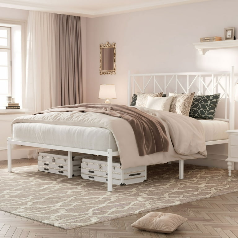 Einfach Full Metal Bed with Vintage Headboard Metal Slats White