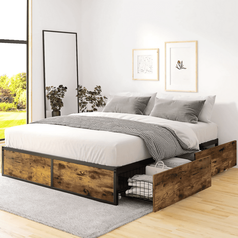 Einfach Full Platform Bed Frame with 4 XL Storage Drawers and Footboard Unique Design Brown