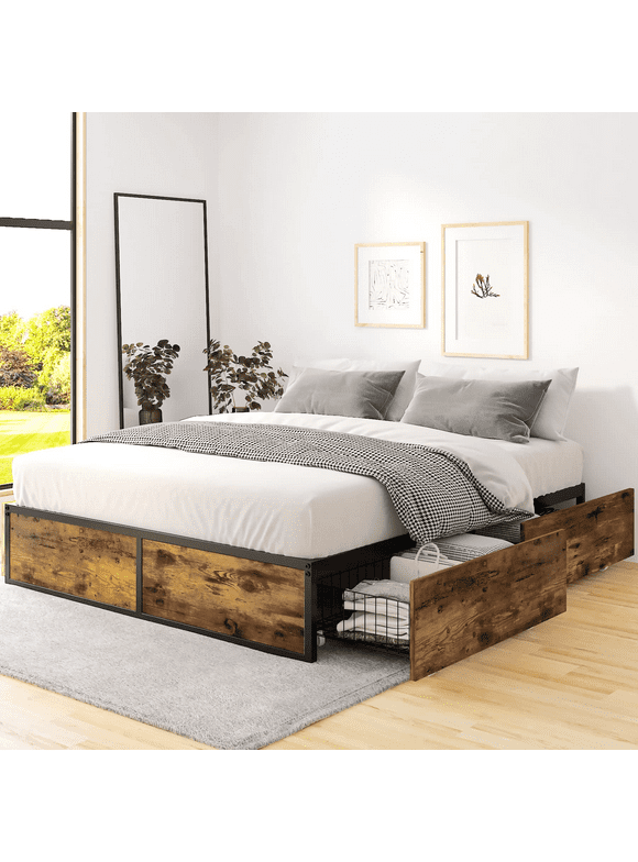 Einfach Full Platform Bed Frame with 4 XL Storage Drawers and Footboard, Unique Design, Brown