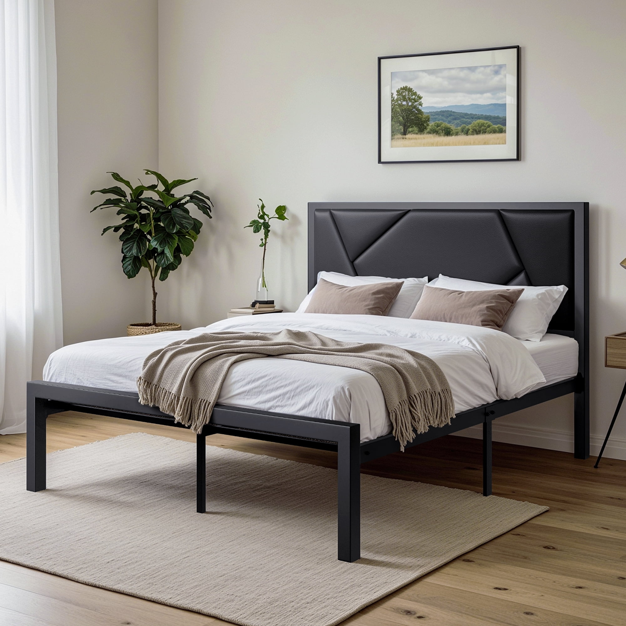 Einfach Full Size Bed Frame Geometric Litchi Grain Leather Upholstered ...
